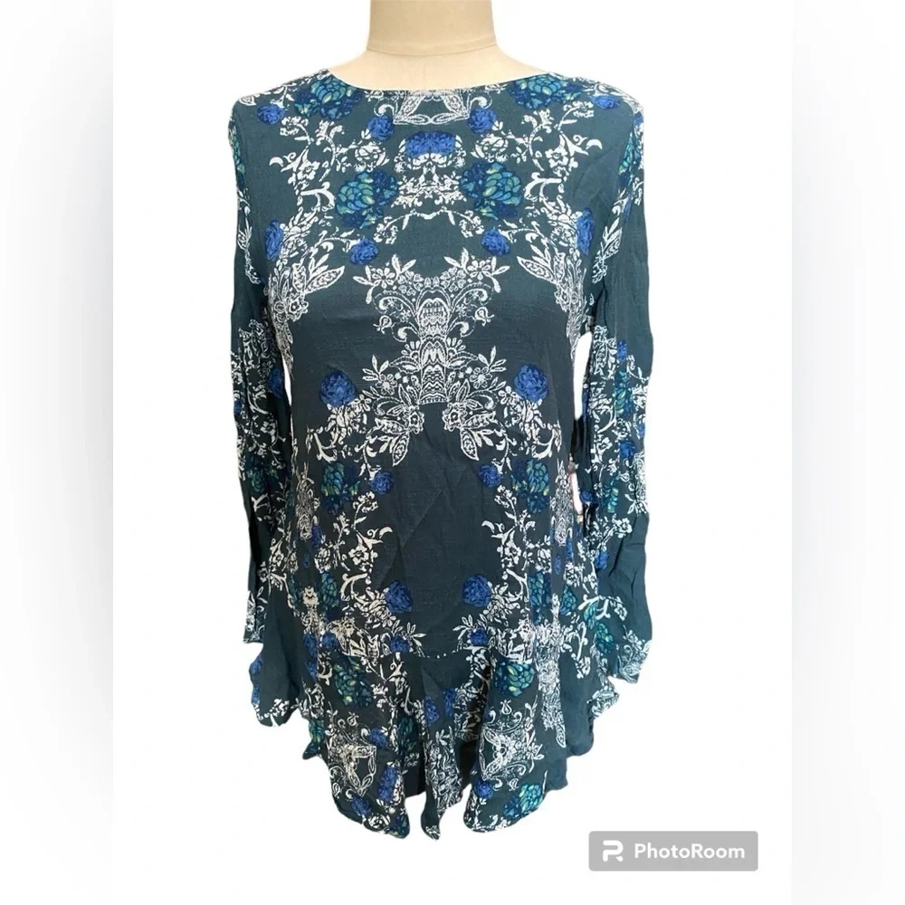 Free People Smooth Talker Floral Print Tunic Swing Dress Teal Blue Size S